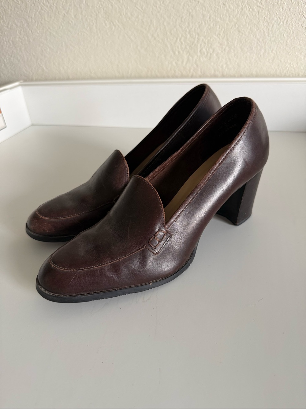Brown Leather Block Heel Loafer — Women